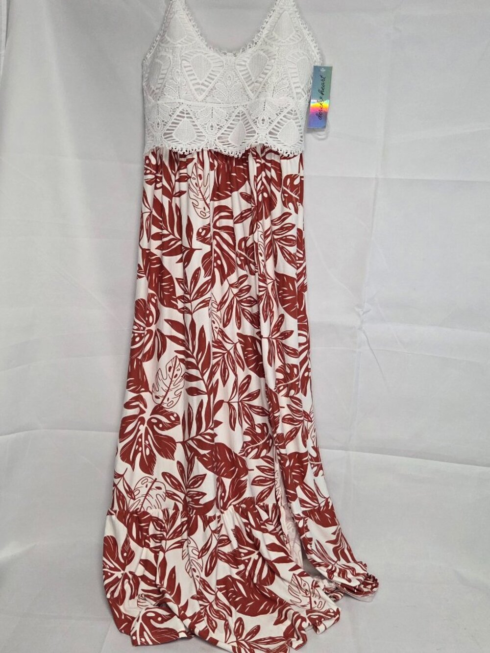 Derek Heart Crochet Lace Bodice Maxi Dress Sz M Rust Red Palm Tropical Slit Boho